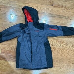 Columbia rain jacket gray black and red